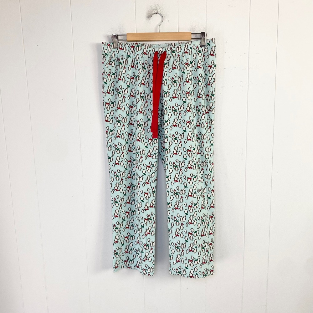 Lands End Penguin Print Pajama Pants Blue Red Women's Small 6-8 Christmas